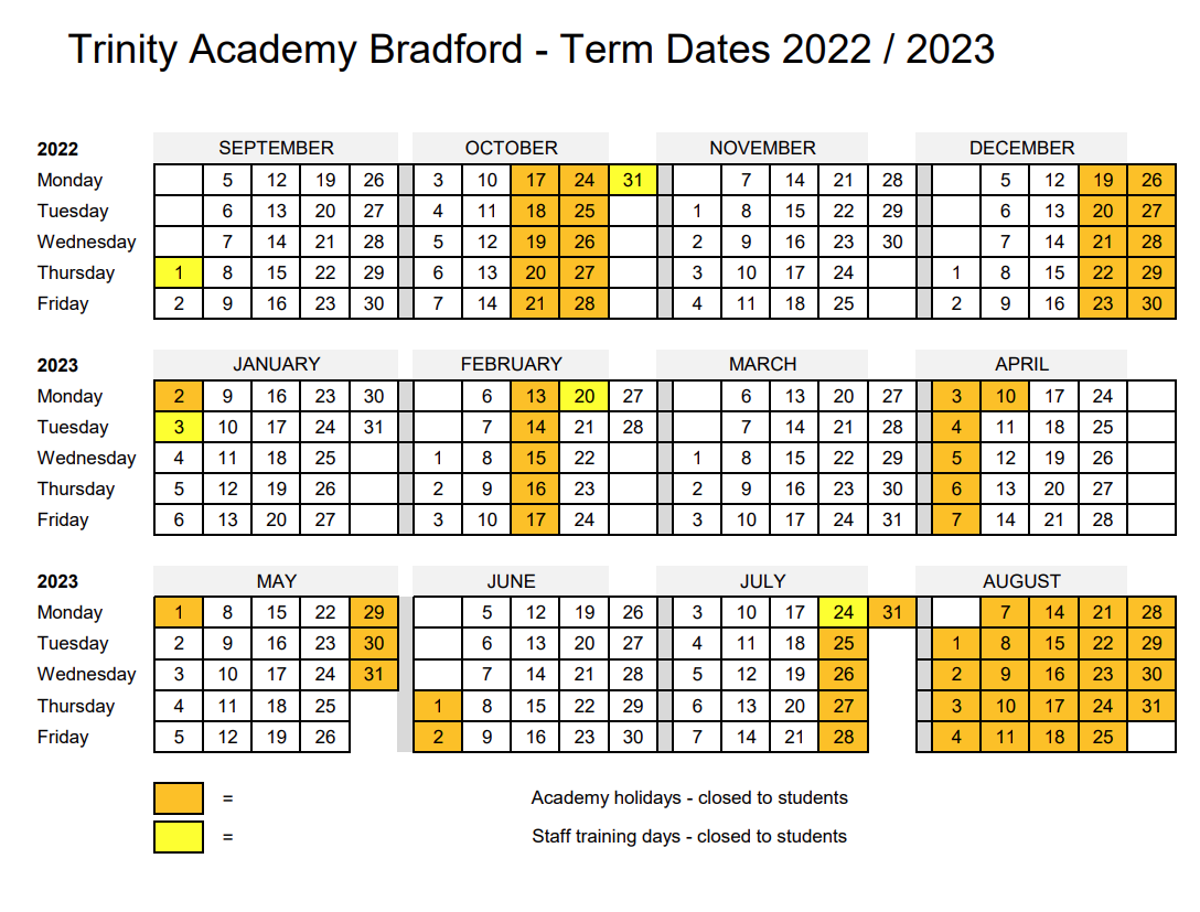 Term Dates Trinity Academy Bradford Holiday Dates